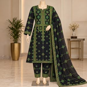 Pure Handmade Balochi 3-Piece Kurta Design – Black with Deep Green Threadwork