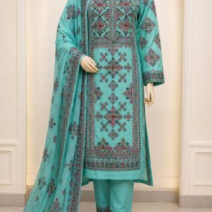 Pure Handmade Balochi 3-Piece Kurta Design with Open Chaks – Ferozi Blue