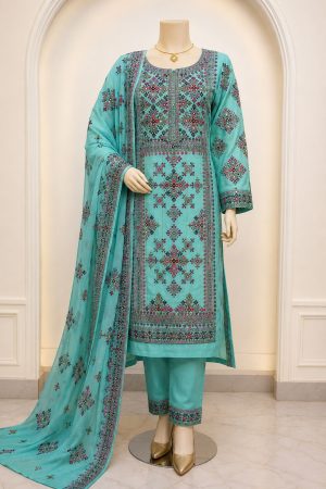 Pure Handmade Balochi 3-Piece Kurta Design with Open Chaks – Ferozi Blue