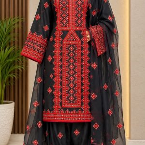 Black & Red 3PC Balochi Dress | Machine Embroidery with Original Mirrors