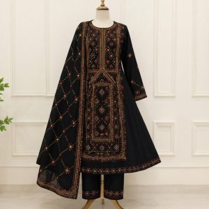 Pure Handmade Balochi 3-Piece Design – Black with Yellow Threadwork
