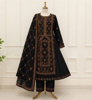 Pure Handmade Balochi 3-Piece Design – Black with Yellow Threadwork