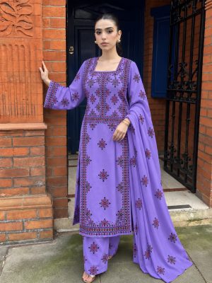 Purple Handmade Balochi Embroidered Kurta Style 3-Piece Suit