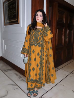 Mustard Yellow Balochi Embroidered Three-Piece Dress