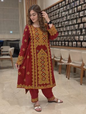 Maroon Handmade Balochi Embroidered 3-Piece Suit