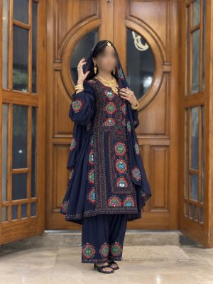 Navy Blue Handmade Balochi Embroidered 3-Piece Suit