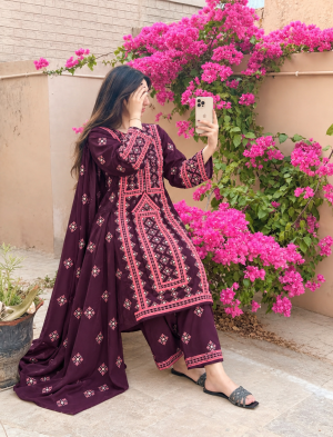 Maroon Handmade Balochi Embroidered 3-Piece Suit