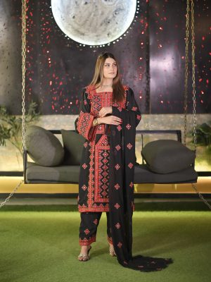 Black & Red 3PC Balochi Dress | Machine Embroidery with Original Mirrors