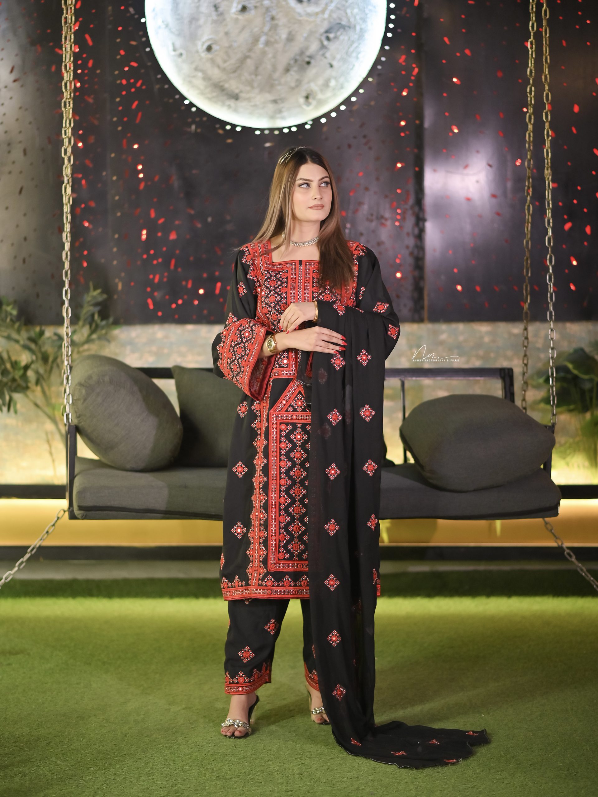 Black and red Balochi suit