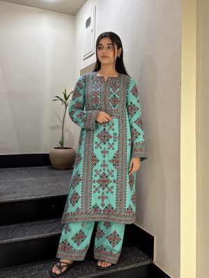 Pure Handmade Balochi 3-Piece Kurta Design with Open Chaks – Ferozi Blue