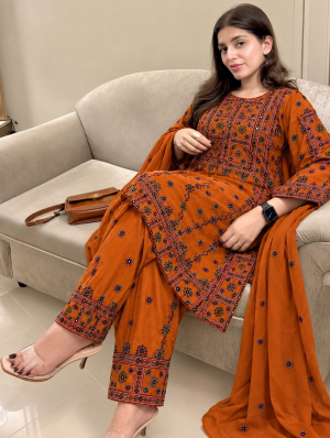 Rust Brown Balochi 3-Piece Suit with Multicolor Embroidery