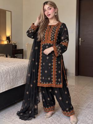 Black Handmade Balochi 3-Piece Kurta Suit