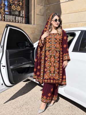 Multi-Threads 3PC Balochi Dress | Machine Embroidery with Original Mirrors