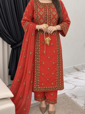 Red Handcrafted Mirror Work Embroidered Kurta Style