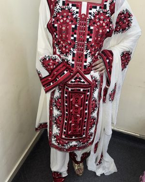 White & Red 3PC Balochi Dress | Machine Embroidery with Original Mirrors