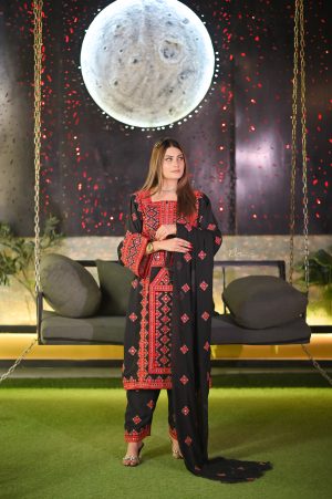 Black & Red 3PC Balochi Dress | Machine Embroidery with Original Mirrors