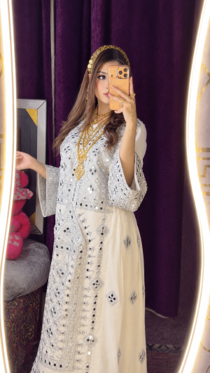 White 3PC Balochi Dress | Machine Embroidery with Original Mirrors