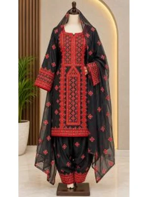 Black & Red 3PC Balochi Dress | Machine Embroidery with Original Mirrors