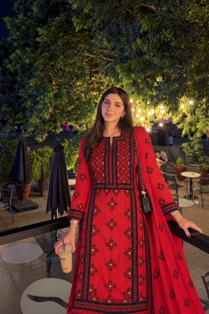 Red Handmade Balochi Kurta Style 3-Piece Suit