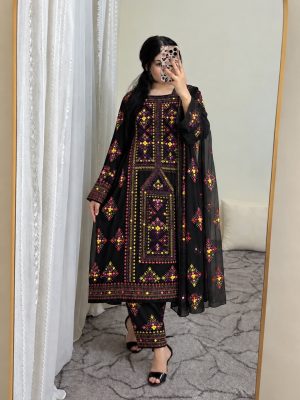 Handmade Black Balochi Embroidered Three-Piece Dress